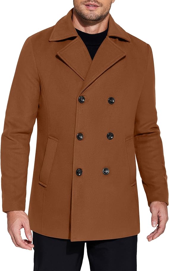 COOFANDY Men's Double Breasted Pea Coat Winter Overcoat Short Trench Coat Notched Collar