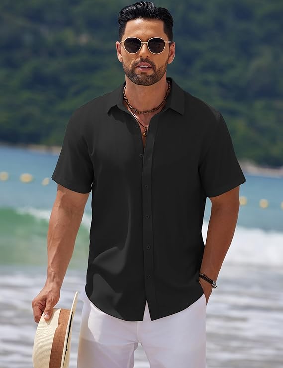 COOFANDY Men's Casual Summer Beach Shirt Short Sleeve Button Down Shirt Vacation Wedding Shirt Linen Textured Shirts