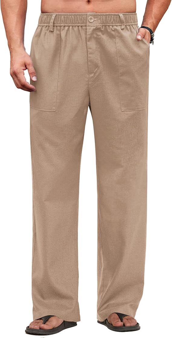 COOFANDY Men's Casual Linen Cotton Pants Elastic Waist Summer Beach Trousers Lightweight Yoga Vacation Pants