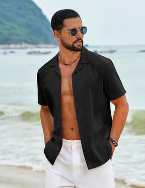 COOFANDY Men's Cotton Shirts Short Sleeve Button Down Shirts Casual Beach Summer Cuban Collar Shirt