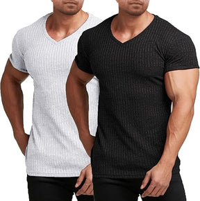 COOFANDY Men's Muscle T Shirts Stretch Short Sleeve V Neck Bodybuilding Workout Tee Shirts Ribbed Knit Shirt