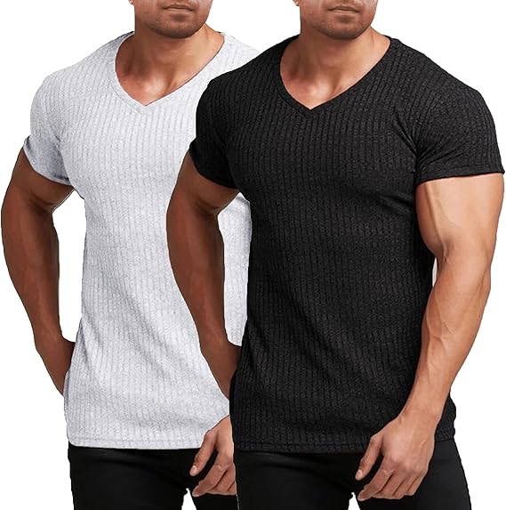 COOFANDY Men's Muscle T Shirts Stretch Short Sleeve V Neck Bodybuilding Workout Tee Shirts Ribbed Knit Shirt