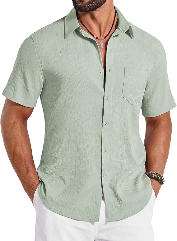 COOFANDY Mens Button Down Shirts Short Sleeve Shirt Casual Summer Beach Textured Shirts with Pocket