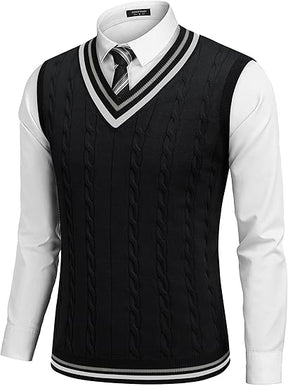 COOFANDY Men's Sweater Vest V Neck Casual Sleeveless Pullover Striped Cable Knit Sweater Vest