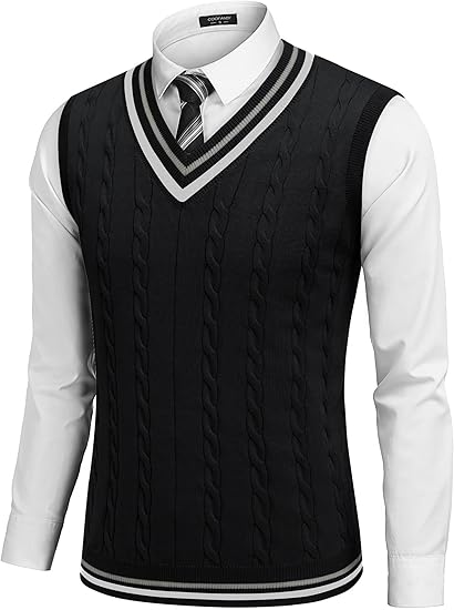 COOFANDY Men's Sweater Vest V Neck Casual Sleeveless Pullover Striped Cable Knit Sweater Vest