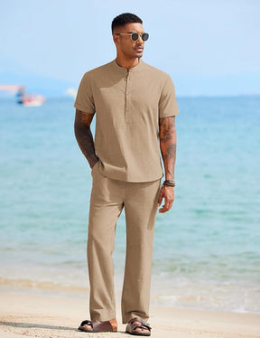 COOFANDY Mens 2 Pieces Cotton Linen Sets Short Sleeve Casual Henley Shirt Summer Beach Pants Lounge Vacation Outfits Set