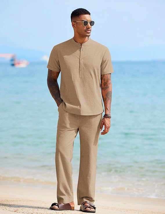 COOFANDY Mens 2 Pieces Cotton Linen Sets Short Sleeve Casual Henley Shirt Summer Beach Pants Lounge Vacation Outfits Set