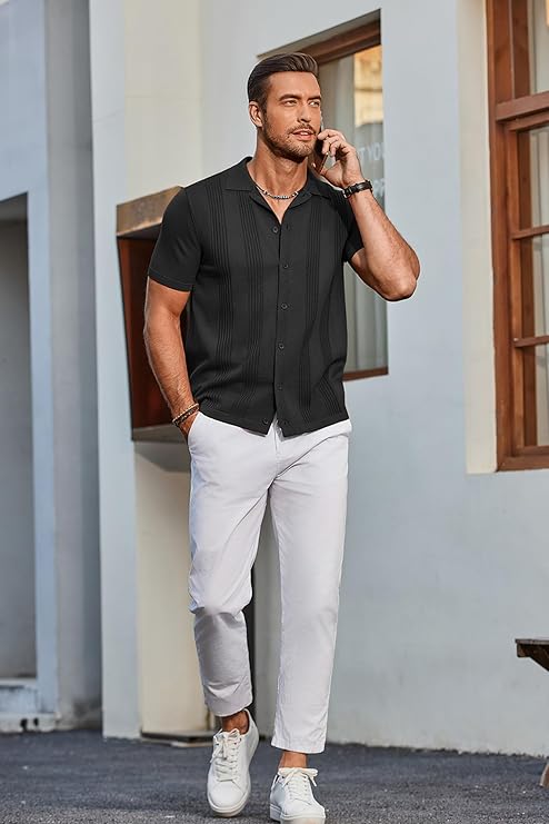 COOFANDY Men's Knit Shirt Short Sleeve Button Down Vintage Polo Shirts Casual Summer Beach Shirts