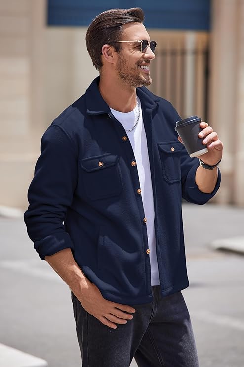 COOFANDY Men's Polar Fleece Shacket Long Sleeve Casual Button Down Shirt Jacket with Pockets