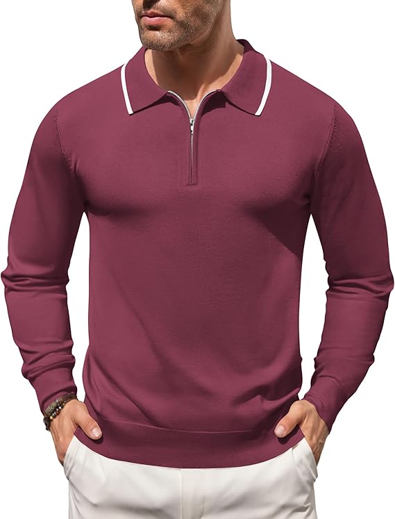 COOFANDY Men's Knit Polo Shirt Long Sleeve Quarter Zip Polo Sweater Casual Golf Shirts Vintage Striped Collar Polo