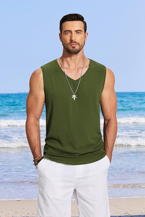 COOFANDY Men's V Neck Summer Beach Tank Top Sleeveless Casual Tank Shirts Hippie Tops