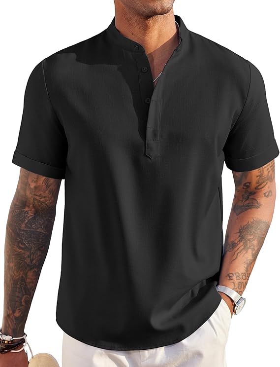 COOFANDY Men's Casual Cotton Shirts Band Collar Long Sleeve Beach Hippie T Shirts