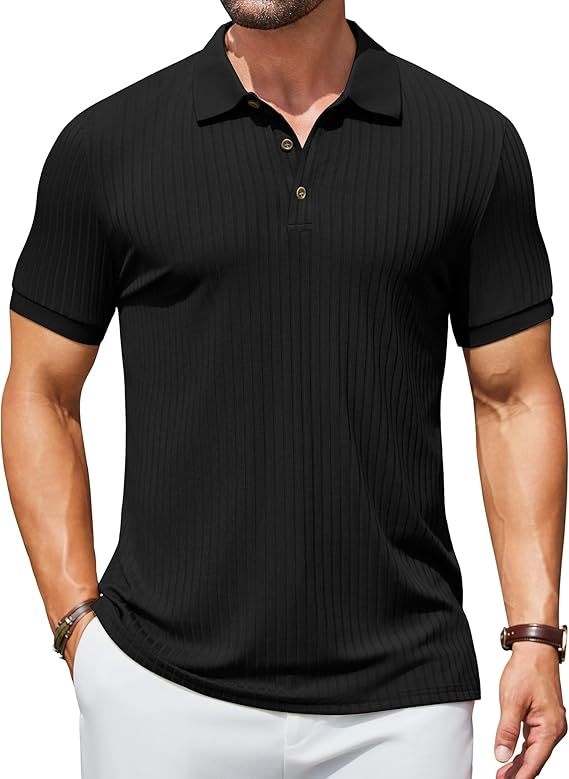 COOFANDY Men's Textured Polo Shirts Short Sleeve Slim Fit Casual Button Polo T-Shirt Summer Collared Golf Shirt