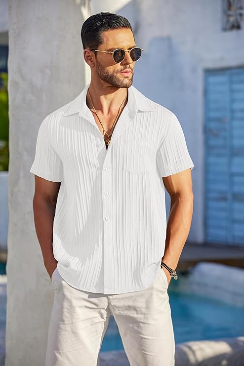 COOFANDY Men's Casual Button Down Shirts Short Sleeve Textured Summer Beach Shirt with Pocket