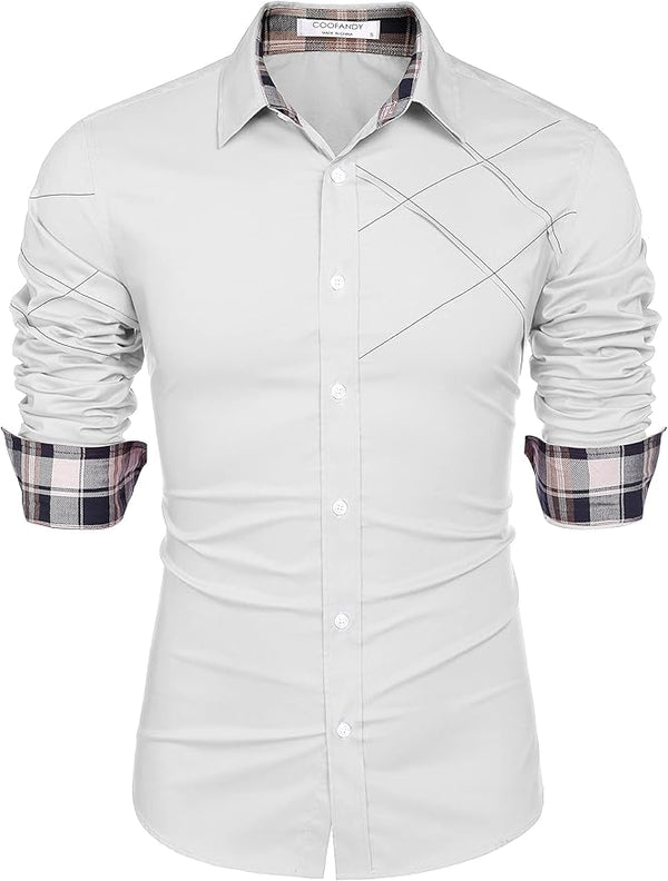 COOFANDY Men's Cotton Dress Shirts Long Sleeve Plaid Collar Shirt Slim Fit Casual Button Down Shirt
