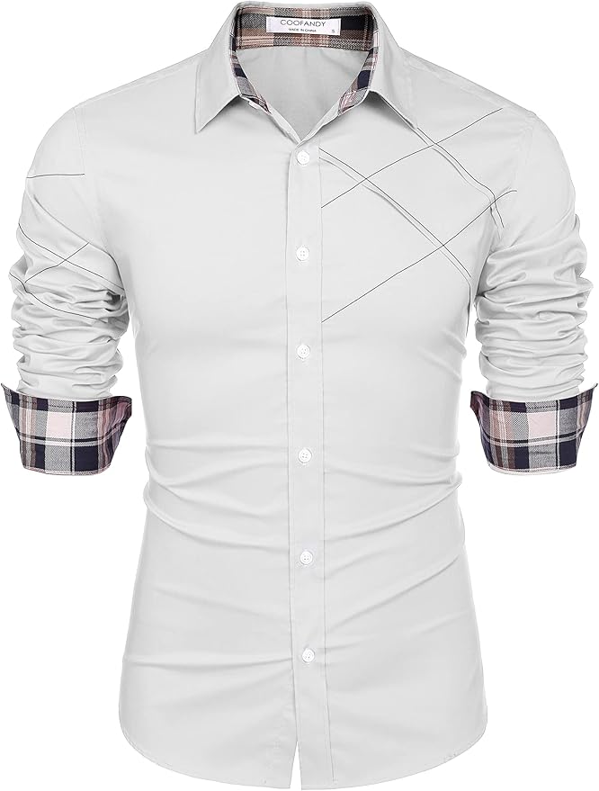 COOFANDY Men's Cotton Dress Shirts Long Sleeve Plaid Collar Shirt Slim Fit Casual Button Down Shirt
