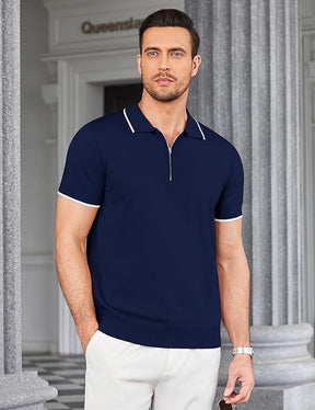 COOFANDY Men's Zipper Polo Slim Fit Shirt Knitted Spiral Cuffs Basic Tee