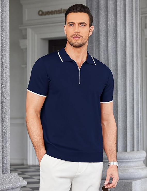 COOFANDY Men's Zipper Polo Slim Fit Shirt Knitted Spiral Cuffs Basic Tee