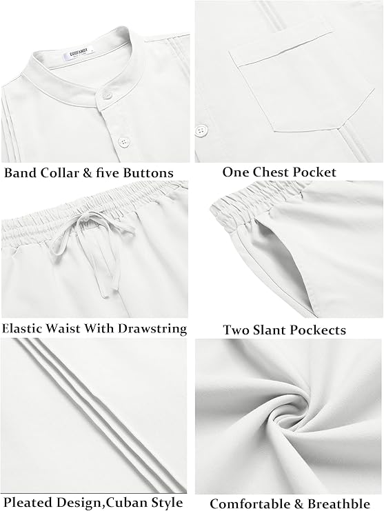 COOFANDY Men's 2 Piece Cotton Sets Casual Long Sleeve Cuban Henley Shirt and Loose Pants Set Beach Vacation Outfits