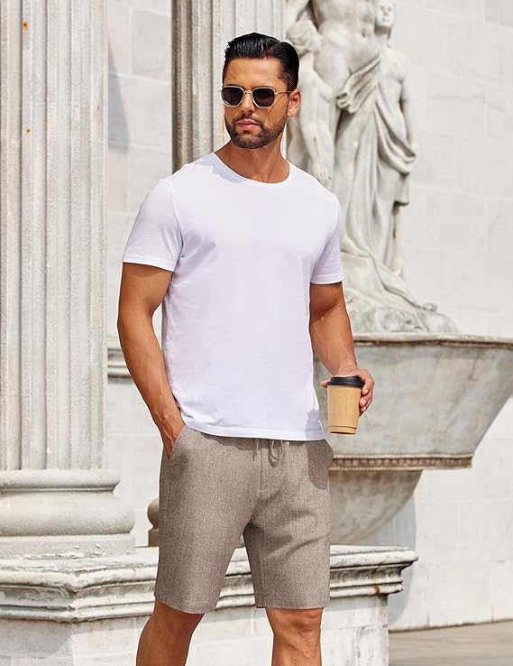 COOFANDY Mens Casual Shorts Elastic Waist Drawstring Shorts Summer Beach Linen Shorts