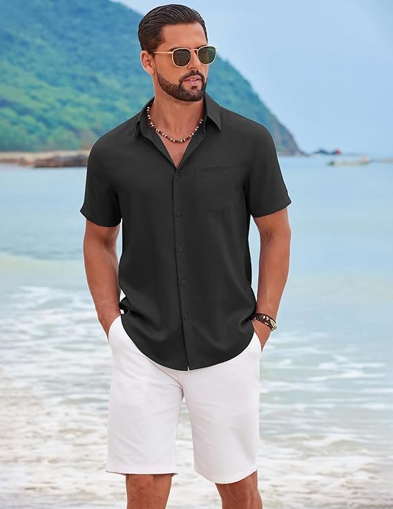 COOFANDY Men's Short Sleeve Casual Button Down Shirts Summer Beach Wedding Textured Linen Shirt for Men