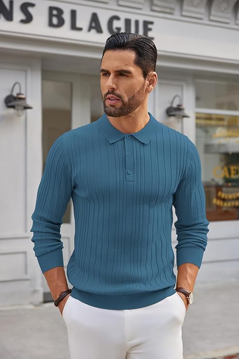 COOFANDY Knit Polo Shirts Long Sleeve Button Down Ribbed Polo Shirt Golf Shirts
