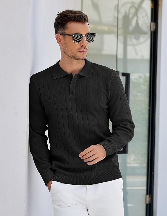 COOFANDY Mens Knit Polo Sweater Long Sleeve Polos Lightweight Casual Dress Pullover Sweaters