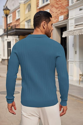 COOFANDY Knit Polo Shirts Long Sleeve Button Down Ribbed Polo Shirt Golf Shirts