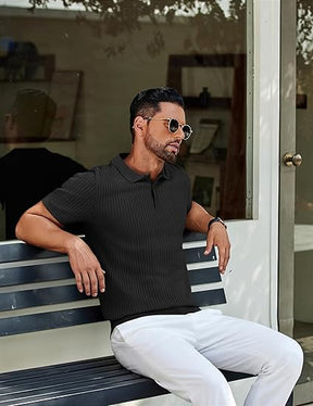 COOFANDY Mens Knit Polo Shirts Short Sleeve Button Down Shirt Textured Casual Summer Beach Shirts