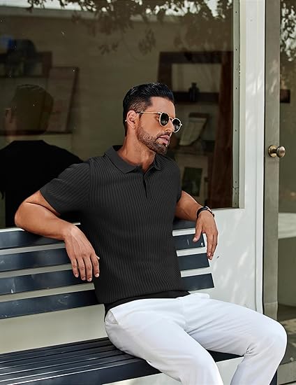 COOFANDY Mens Knit Polo Shirts Short Sleeve Button Down Shirt Textured Casual Summer Beach Shirts