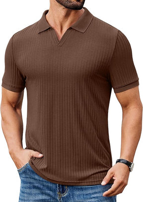 COOFANDY Men's Ribbed Polo Shirts Short Sleeve V Neck Slim Fit Polo T-Shirt Casual Summer Collared Golf Shirt