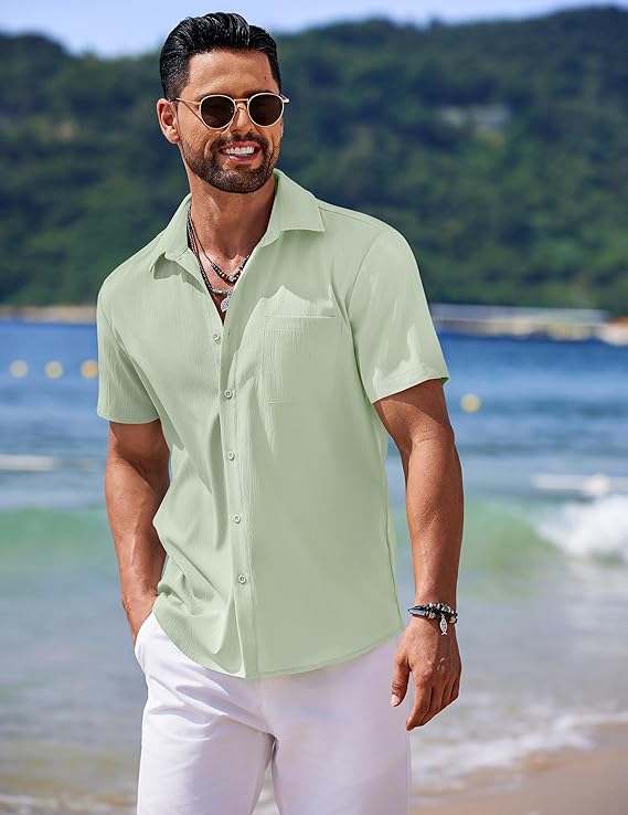 COOFANDY Men's Casual Short Sleeve Button Down Summer Beach Shirt Lightweight Textured Wrinkle Free Untucked Shirts