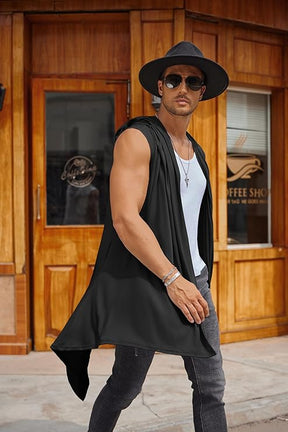 COOFANDY Men's Long Hooded Cardigan Sleeveless Ruffle Shawl Collar Lightweight Open Front Drape Kimono Vest