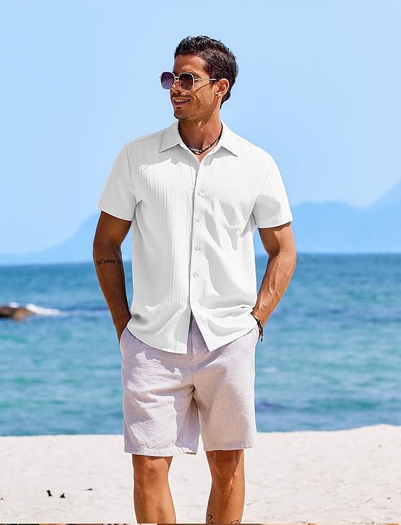 COOFANDY Men's Casual Button Down Shirts Short Sleeve Textured Summer Beach Shirts