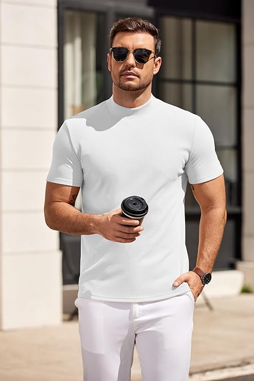 COOFANDY Mens Mock Turtleneck Sweater Short Sleeve Slim Fit Turtle Neck Sweaters Casual Basic Tee Ribbed Knit Pullover Tops
