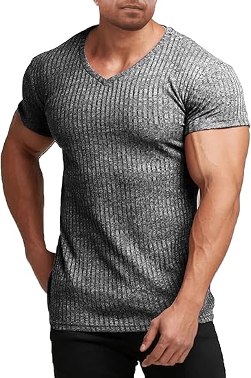 COOFANDY Men's Muscle T Shirts Stretch Short Sleeve V Neck Bodybuilding Workout Tee Shirts Ribbed Knit Shirt