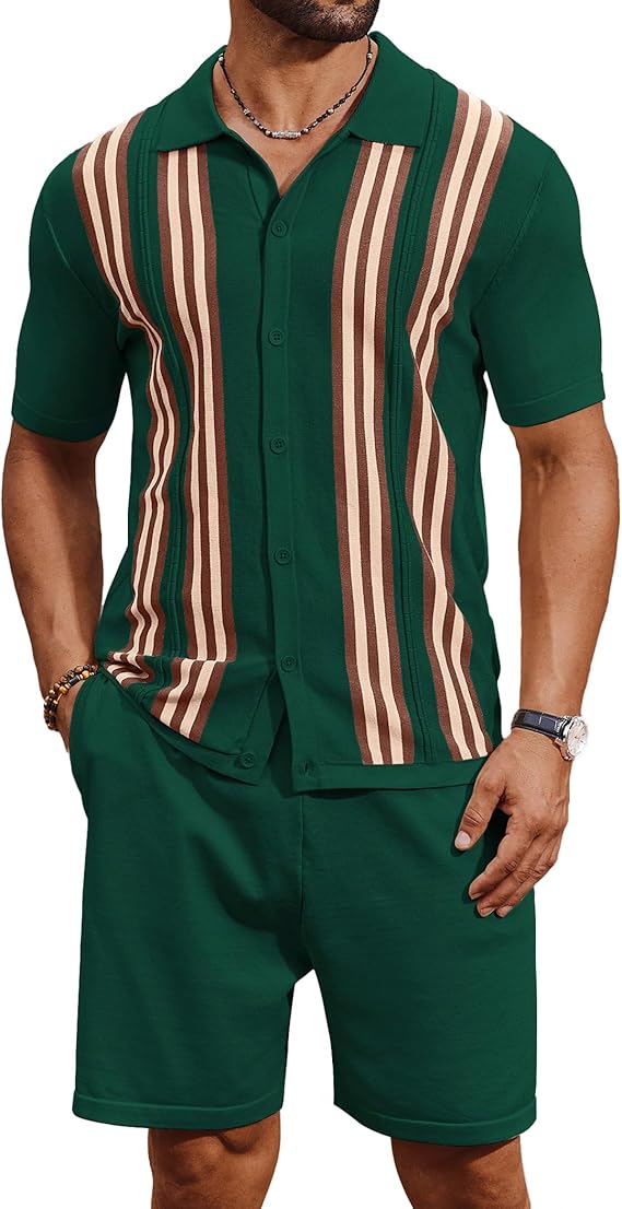 COOFANDY Men's 2 Piece Outfits Summer Short Sets Vintage Knit Button Down Shirt Short Sleeve Polo Casual Beach Suits