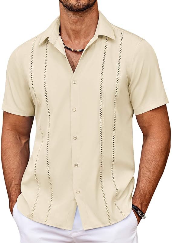 COOFANDY Men's Cuban Guayabera Shirt Summer Beach Vacation Shirt Casual Short Sleeve Button Down Resort Wear