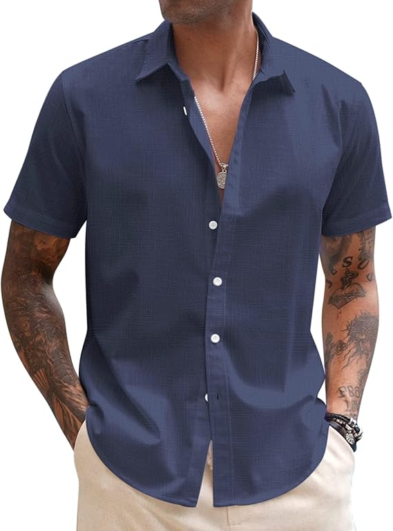 COOFANDY Mens Linen Casual Short Sleeve Shirt Button Down Summer Beach Shirts