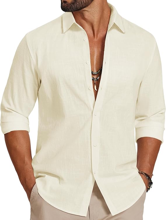 COOFANDY Men's Casual Button Down Shirts Long Sleeve Cotton Beach Wedding Shirt Summer Linen Shirt for Men