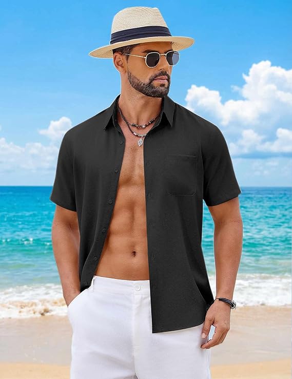 COOFANDY Mens Button Down Shirt Short Sleeve Casual Shirts Summer Beach Wedding Linen Shirt with Pocket
