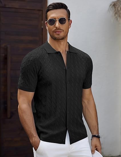 COOFANDY Men's Knit Short Sleeve Shirts Button Down Vintage Knitted Polo Shirt Casual Beach Crochet Cable Vacation Shirt