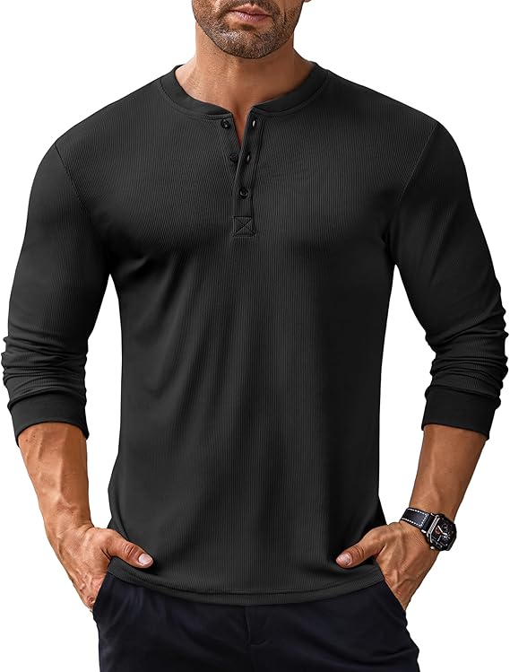 COOFANDY Men's Long Sleeve Henley Shirts Stretch Ribbed T-Shirts Fashion Casual Basic Tops