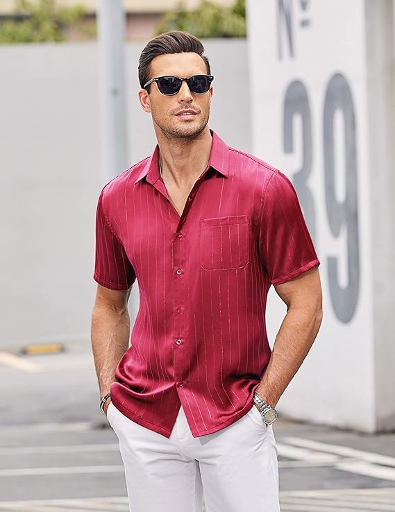 COOFANDY Men's Silk Short Sleeve Dress Shirts Casual Satin Button Up Shirts with Pocket Party Prom Wedding