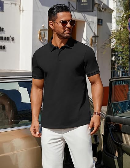 COOFANDY Men's Polo Shirts 100% Cotton Heavyweight Short Sleeve Button Golf Shirts Classic Pullover Ribbed Collar and Cuffs