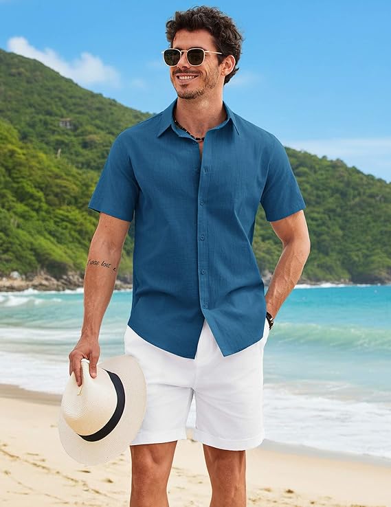 COOFANDY Mens Button Down Shirts Short Sleeve Casual Shirt Cotton Summer Beach Linen Wedding Shirts