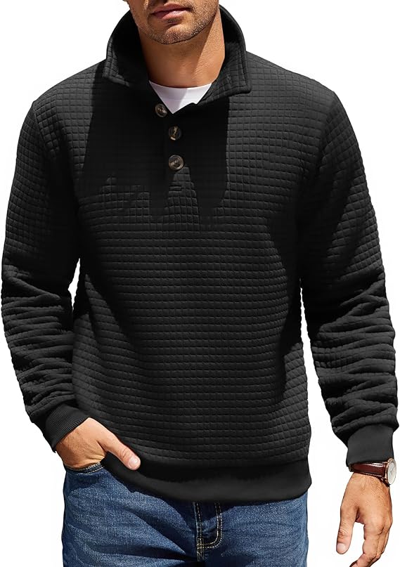 COOFANDY Mens 1/4 Quilted Pullover Half Casual Stand Collar Long Sleeve Sweatshirt Big and Tall Mock Neck Sweater