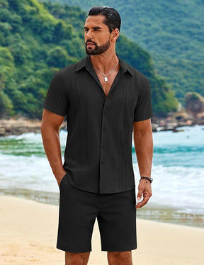 COOFANDY Men's 2 Piece Outfits Cuban Guayabera Short Sleeve Shirts and Shorts Summer Beach Vacation Sets for Men