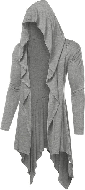 COOFANDY Long Hooded Cardigan Ruffle Shawl Collar Open Front Lightweight Drape Cape Overcoat with Pockets S-XXXL