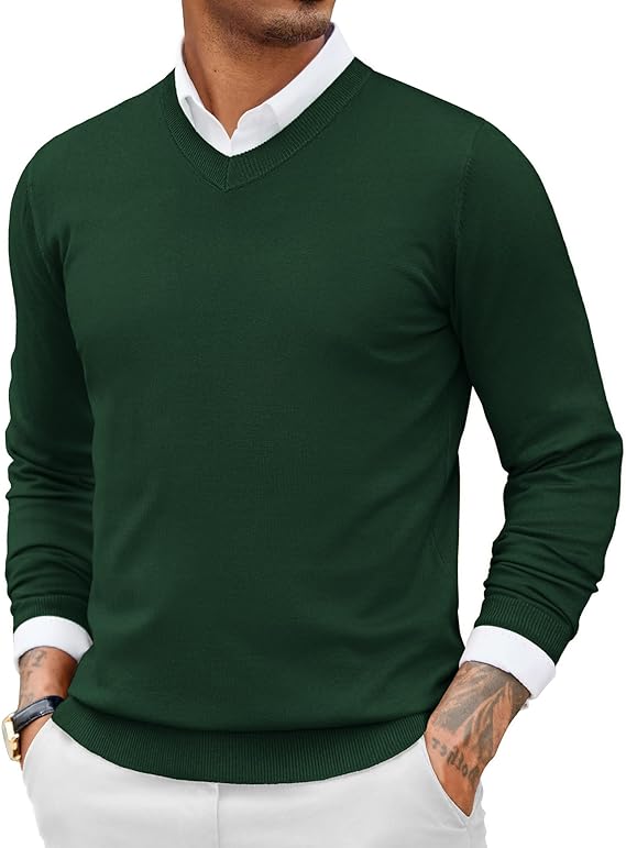 COOFANDY Men Casual V Neck Sweater Ribbed Knit Slim Fit Long Sleeve Pullover Top